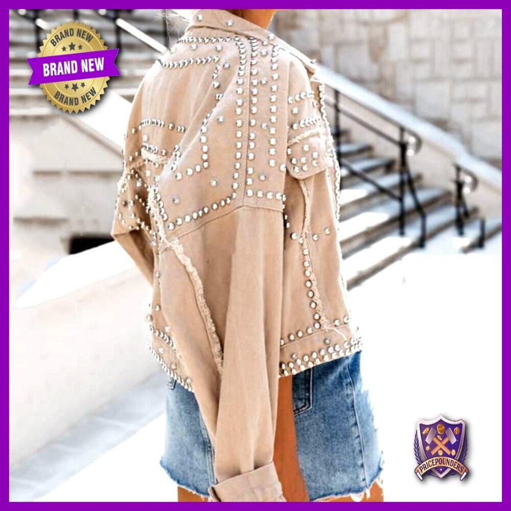 Long Sleeve Studded Denim Jacket Western Chic Loose Fit Y2K Retro - Picture 4 of 7